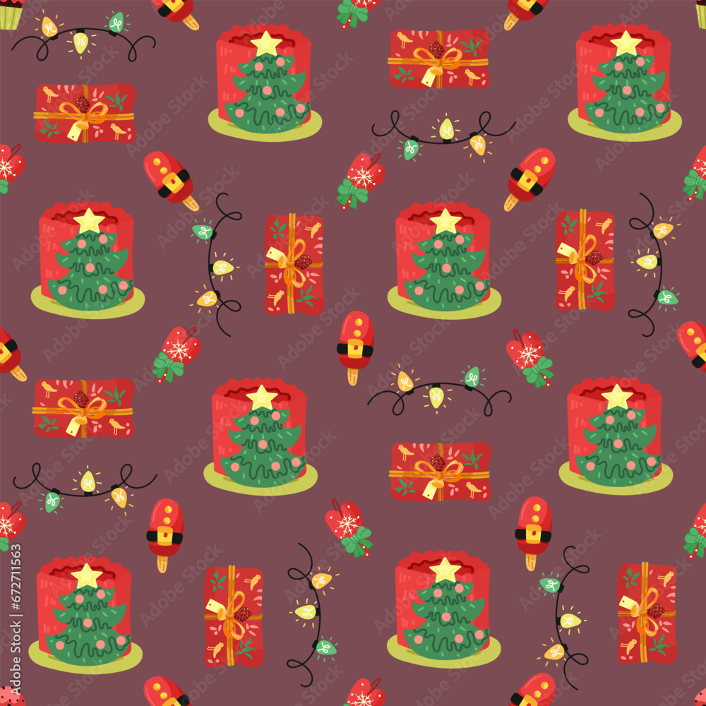 Obraz premium Christmas seamless pattern with toys, gifts and sweets. Trendy retro style. 