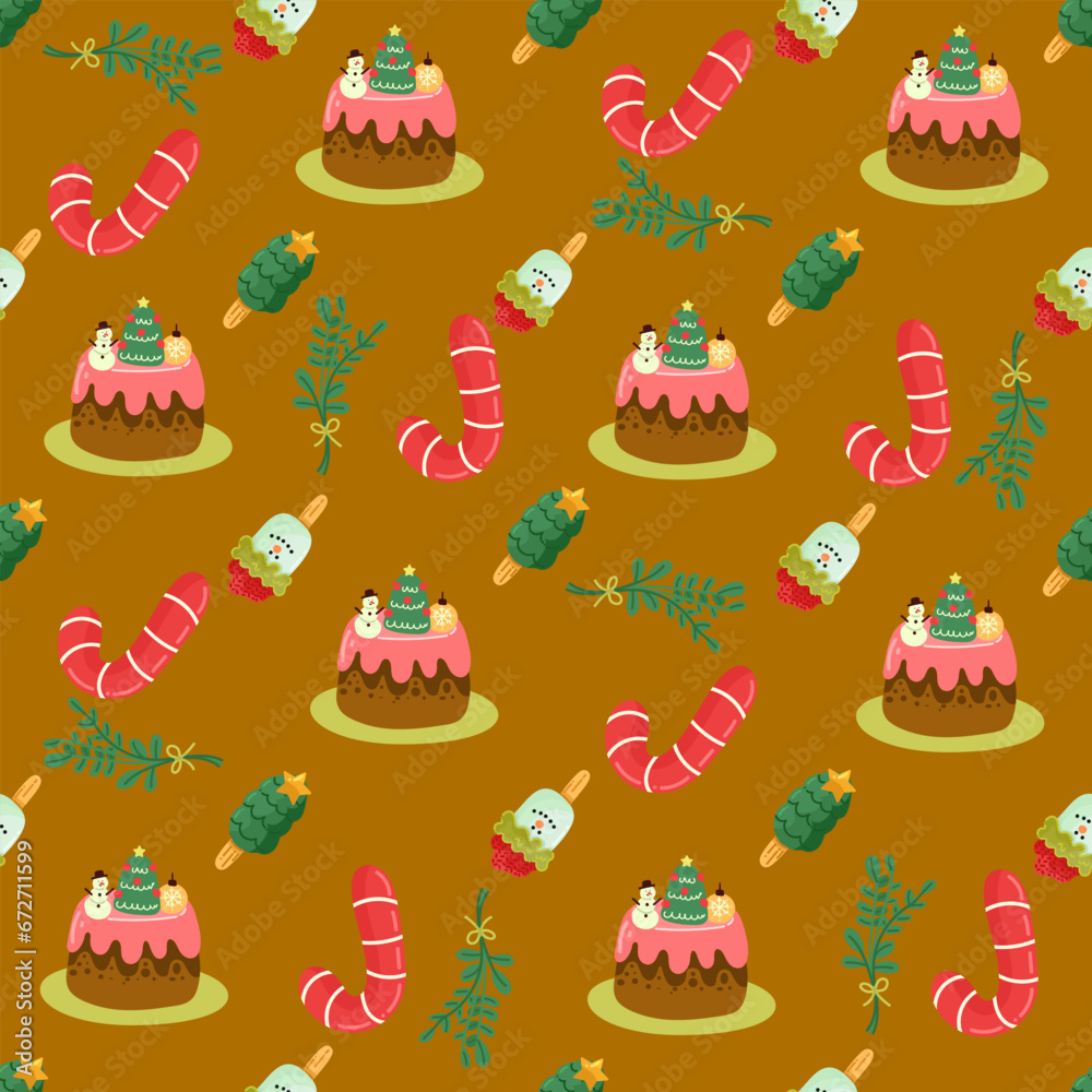 Christmas seamless pattern with toys, gifts and sweets. Trendy retro style. Christmas seamless pattern with toys, gifts and sweets. Trendy retro style.