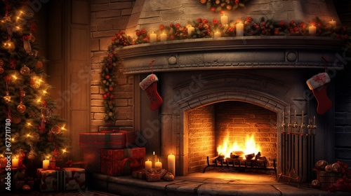 A cozy fireplace adorned with stockings and garlands  spreading warmth on Christmas Eve.