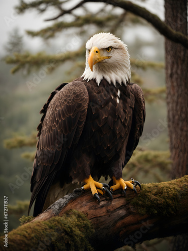 A close-up of a majestic bald eagle perched on a tree branch, watching over its territory.