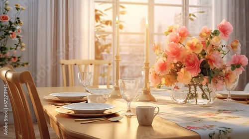 A sumptuous dining table set to celebrate a momentous occasion with glasses, flowers, and beautiful food decor. Great view from the window. Generative AI.