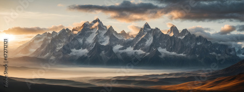 A dramatic mountain range  with jagged peaks piercing the sky as the sun sets.