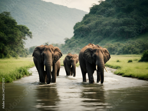 A family of elephants bathing in a tranquil river, surrounded by lush greenery. © xKas