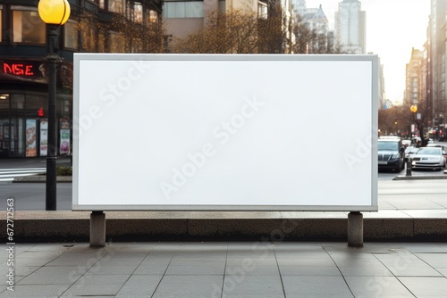 Blank white billboard or display for advertising, with blurred background. photo