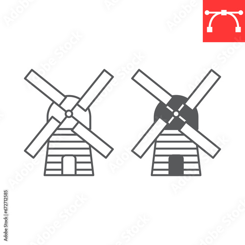 Windmill line and glyph icon, rural and agriculture, farm mill vector icon, vector graphics, editable stroke outline sign, eps 10.