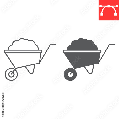 Wheelbarrow line and glyph icon, farm and agriculture, wheelbarrow cart vector icon, vector graphics, editable stroke outline sign, eps 10.