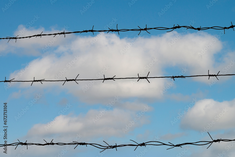 barbed wire through the lines which see the blue sky with clouds. selective focus barbed wire through the lines which see the blue sky with clouds. selective focus
