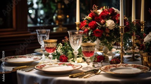 A festive dining table set with fine china, crystal glasses, and holiday centerpieces.