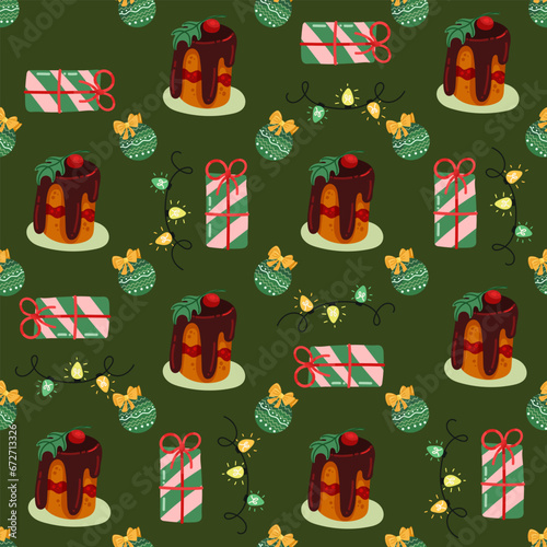 Christmas seamless pattern with toys, gifts and sweets. Trendy retro style. 