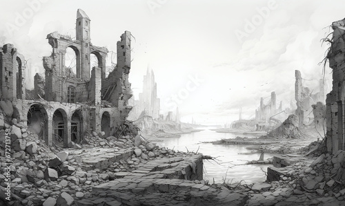 a monochrome scene of a decimated stone city by a small creek, showing the result of an invasion during war