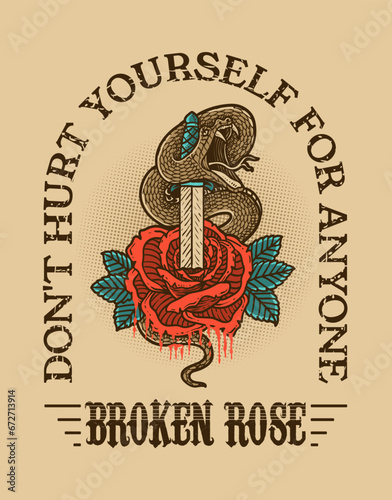 Illustration vintage snake rose with quotes