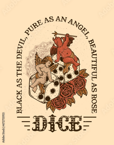 Illustration hand drawn. Angel sitting on dice with rose flower