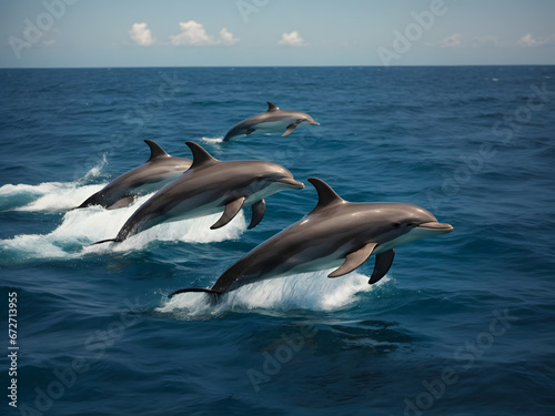A pod of dolphins swimming playfully in the deep blue ocean, their dorsal fins breaking the surface. © xKas