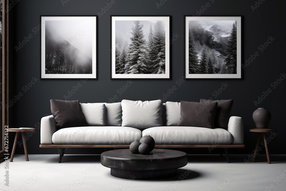 Sala de estar gris y blanca con sillon grande y blanco decorados con tres cuadros grandes en la pared y una mesa en el centro - obrazy, fototapety, plakaty 