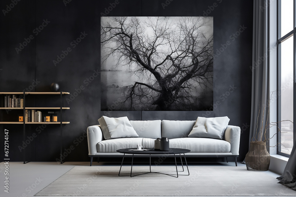 © BONI - Mockup de sala de estar con luz natural y un sillón de dos plazas grande blanco, decorado con un cuadro grande en la pared y una estantería de madera con libros