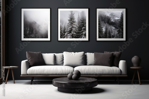 Sala de estar gris y blanca con sillon grande y blanco decorados con tres cuadros grandes en la pared y una mesa en el centro photo