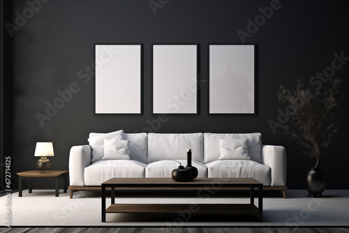 Sala de estar gris con sillón grande blanco decorado con tres cuadros blancos en la pared dos mesitas de madera y una planta.