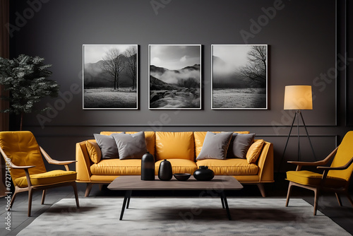 Mockup de sala de estar gris con sillón y butacas amarillas decorada con tres cuadros en la pared, una planta a la izquierda y una lampara a la derecha. Mesa pequeña en el centro con jarrones. photo