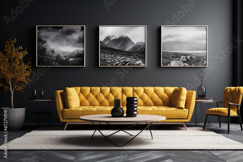 Mockup de salon gris con un sillón amarillo y una butaca amarilla decorado con tres cuadros grandes en la pared, una planta a la izquierda del sofa y una mesita de madera en el centro photo