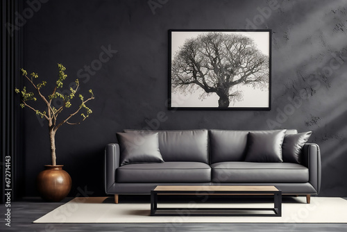 mockup de salon gris con un sillón de dos plazas de color girs y una planta a su izquierda decorado con un cuadro grande en la pared, una mesa pequeña y una alfombra. photo