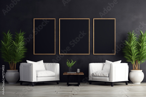 Mockup de sala de estar oscura con dos butacas blancas y una mesa pequeña decorado con tres cuadros negros en la pared, luz natural. photo