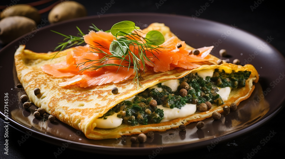 delicious healthy crepes with eggs salmon spinach and nuts traditional food delicious healthy crepes with eggs salmon spinach and nuts traditional food