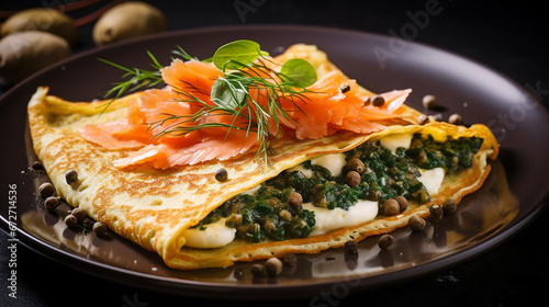 delicious healthy crepes with eggs salmon spinach and nuts traditional food