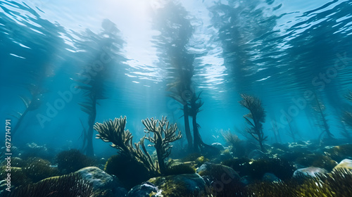 underwater scene with sun rays  underwater scene with reef and fishes  Tranquil underwater scene with copy space Nature habitat underwater