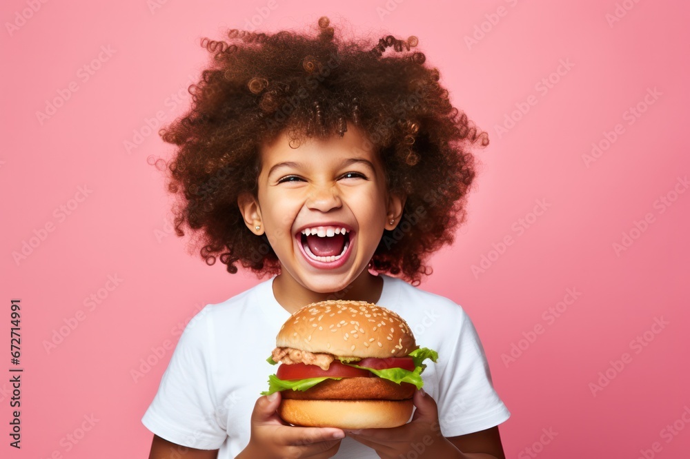 diverse kid eating a vegan hamburger or burger on pink background. Restaurant, food delivery website horizontal banner. diverse kid eating a vegan hamburger or burger on pink background. Restaurant, food delivery website horizontal banner.