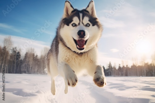 husky dog running in winter forest on snow