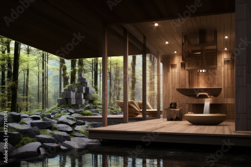 trendy japanese eco hotel interior with onsen spa design with green moss and plants