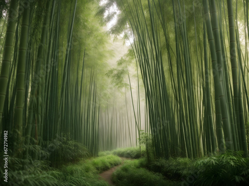 A tranquil bamboo forest, with tall, slender stalks creating a serene and harmonious environment.