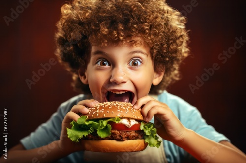 child eating vegan burger closeup looking happy