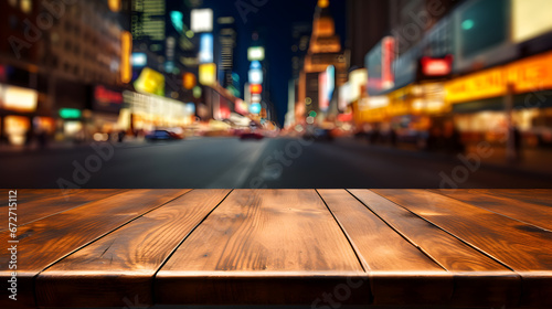 The empty wooden table top with blur background of street.at night