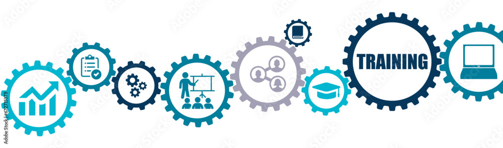 Training and skill development banner vector illustration with the icons of online course, conference, seminar, webinar, e-learning, coaching, grow knowledge and abilities on white background.