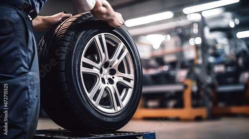 Mechanic repairing tire: Vulcanization, Tire Sales Worker Finishing Change of Car Wheels. photo