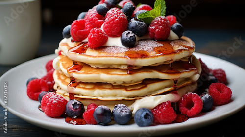pancakes with raspberries and blueberries on a white plate