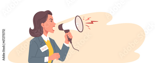 Reporter with megaphone. Woman shouting in megaphone. Journalist. Propaganda. Television host. Mass media. news. Confident speaker. Flat graphic vector illustrations isolated on white background
