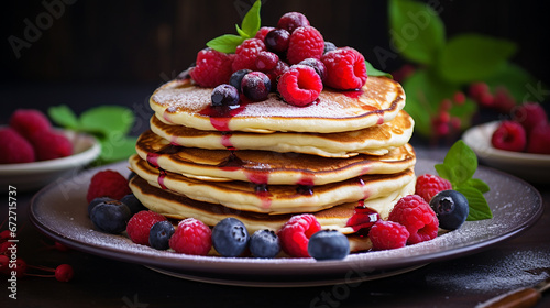 pancakes with raspberries and blueberries on a black plate