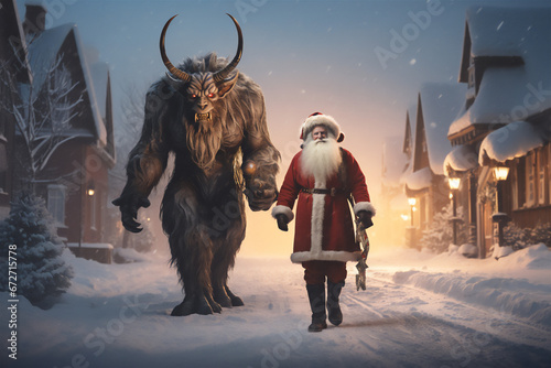 Santa and Krampus walking down the street