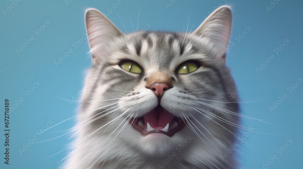 portrait of happy gray kitty with opened mouth on Isolated blue background