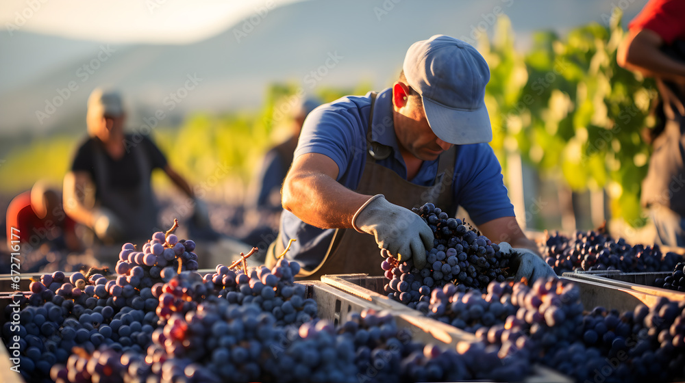 male farm worker picks bunches grape from vine carefully attentively stack in a box. Winemaker smiles contentedly, the harvest has grown well. Background rows of vineyard. - obrazy, fototapety, plakaty 