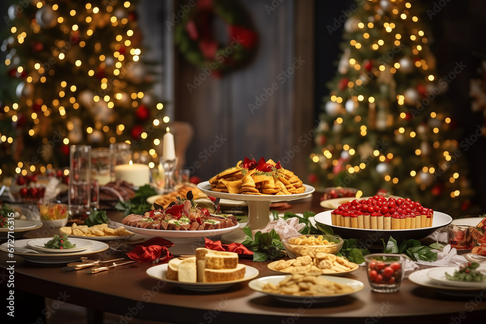 Christmas or New Year Dinner table full of dishes with food and snacks created by generative AI