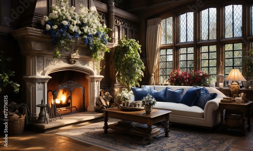 Cozy living room with fireplace, furniture, and plants near window. © jorge