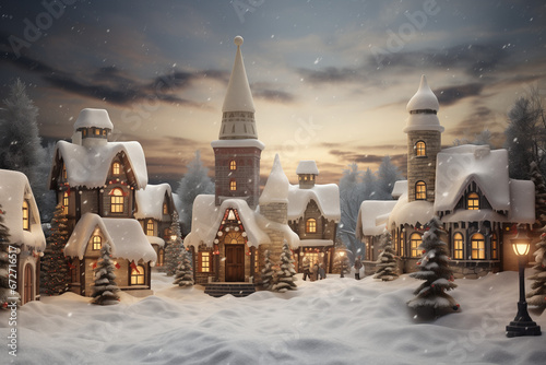 Christmas village with Snow in vintage style. 3d illustration created by generative AI
