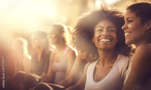 Smiling afro woman doing yoga with people