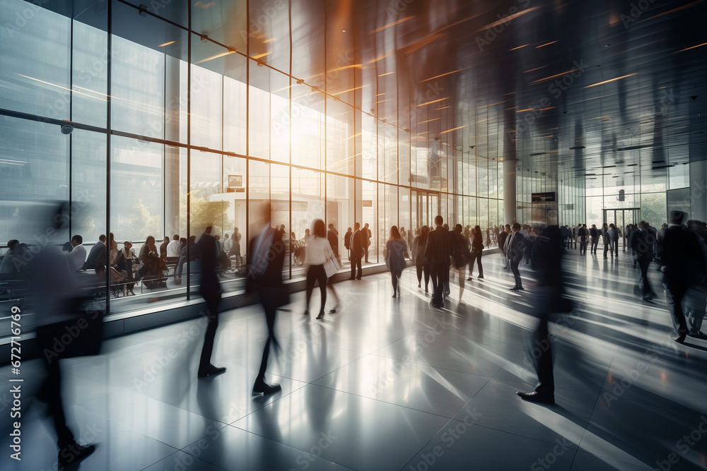 Long exposure shot of crowd of business people walking in an modern office building created by generative AI