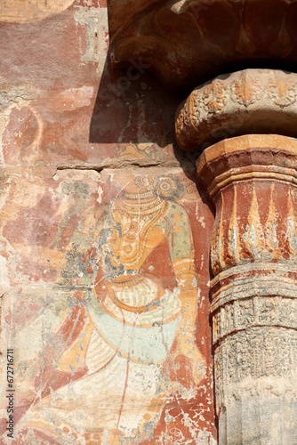 Fresco, mural paintings on temple walls. Ancient paintings of God, People idols drafted on the walls of historical Airavatesvara Temple in Darasuram, Kumbakonam, Tamilnadu. Unique Nayaka paintings. photo