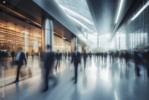 Long exposure shot of crowd of business people walking in an modern office building created by generative AI
