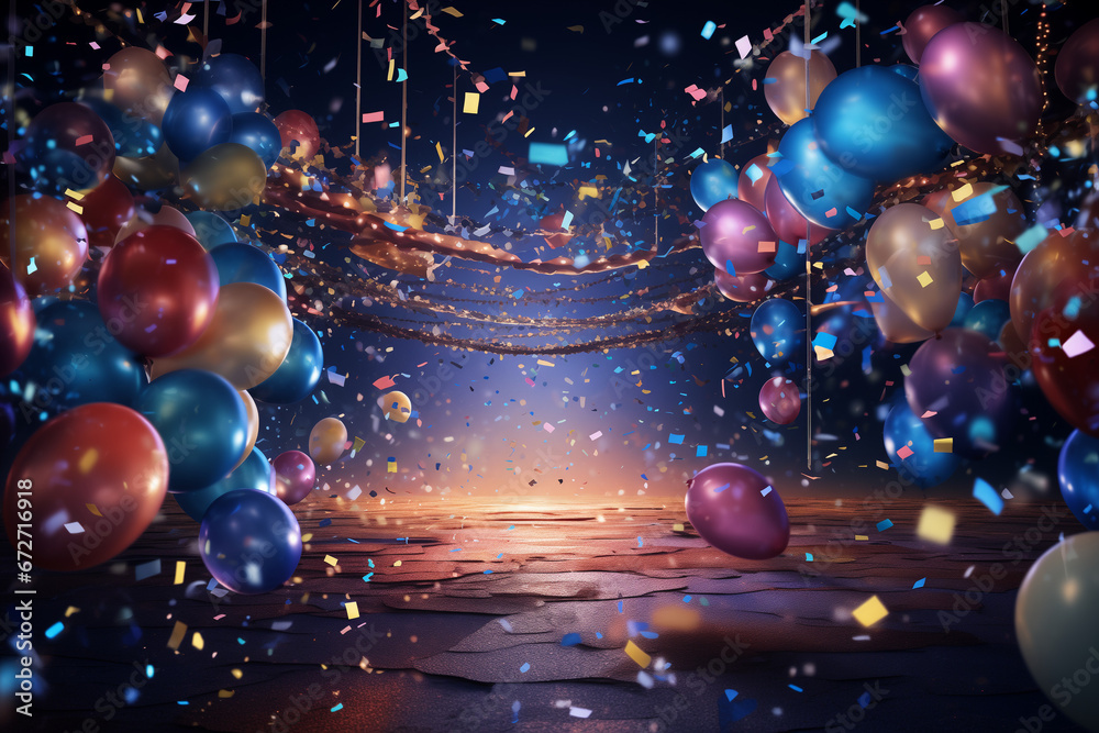 Party Background with lights confetti balloons and serpetins created by generative AI